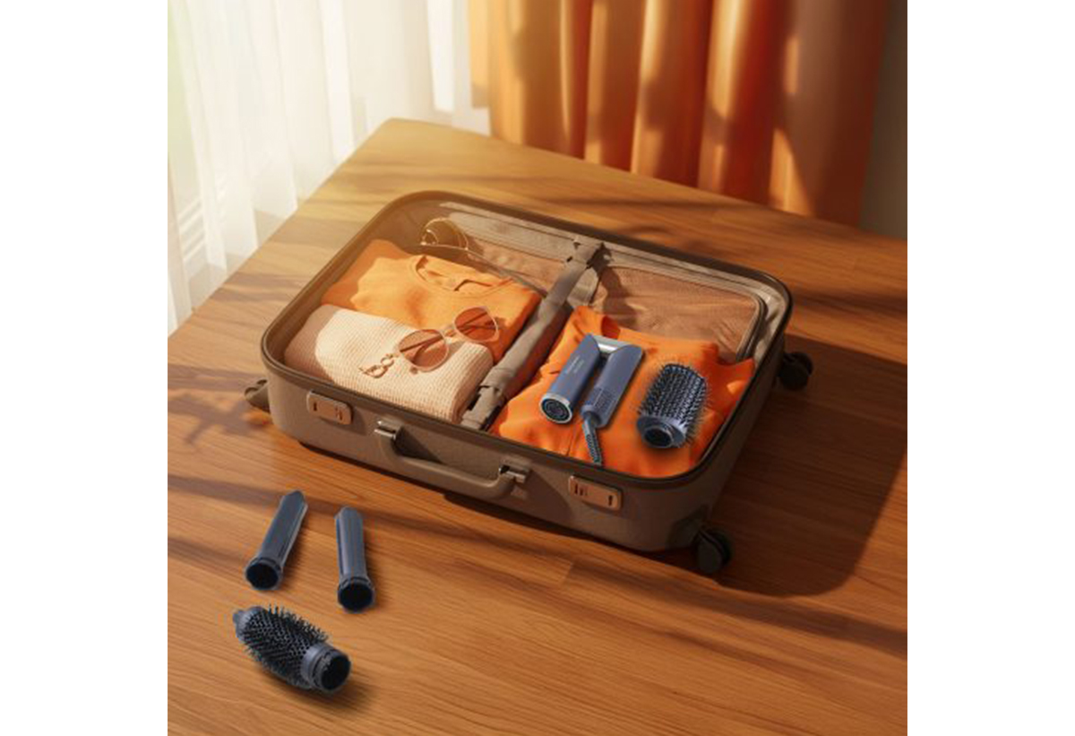 Απεικονίζεται το multi styler και τα εξαρτήματά του τοποθετημένα σε μια βαλίτσα ταξιδιού.